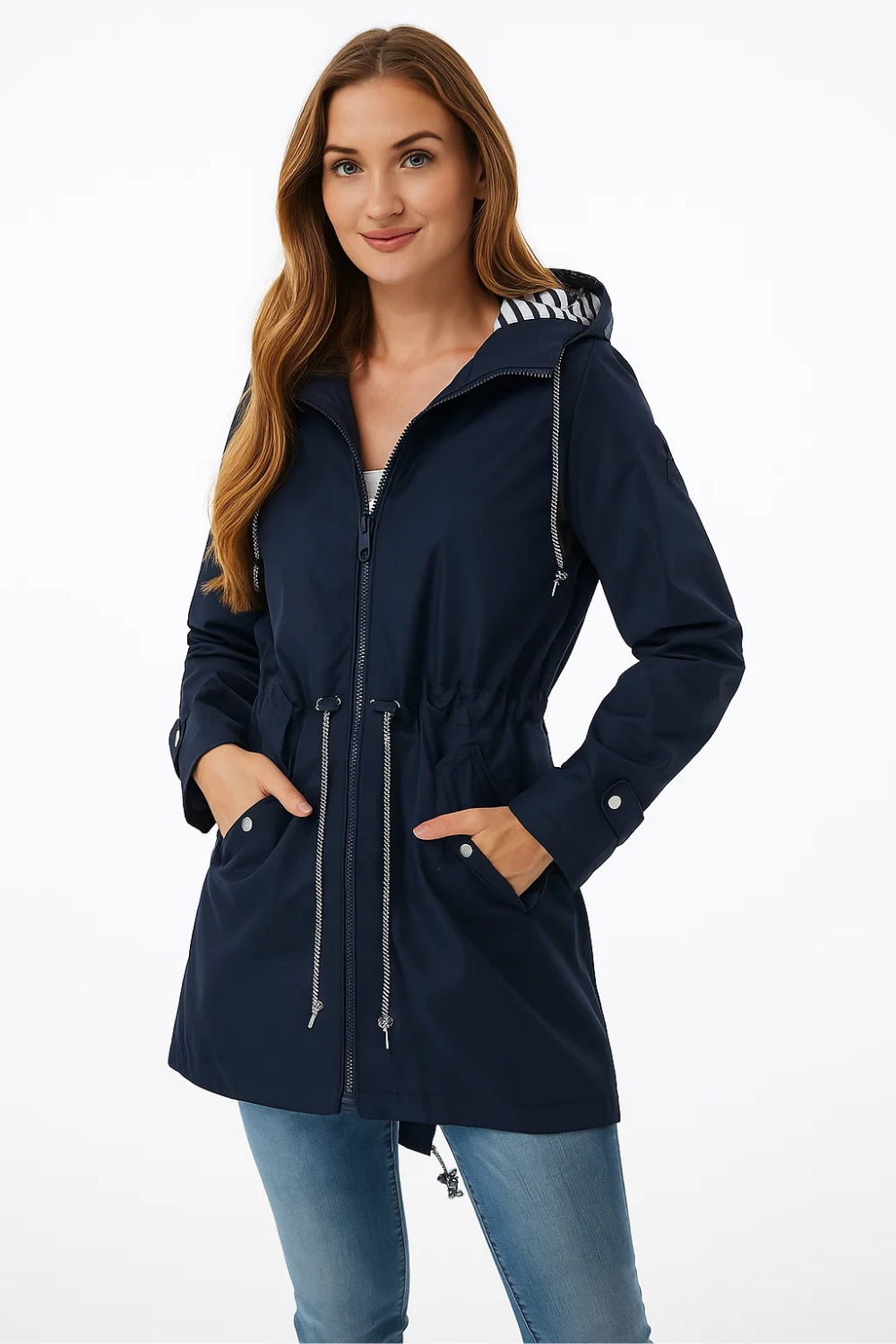 Long Raincoat with Drawstring Waist for Women