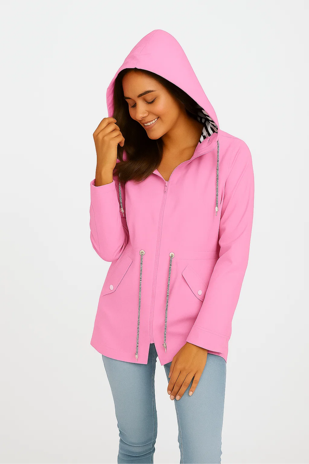 Long Raincoat with Drawstring Waist for Women