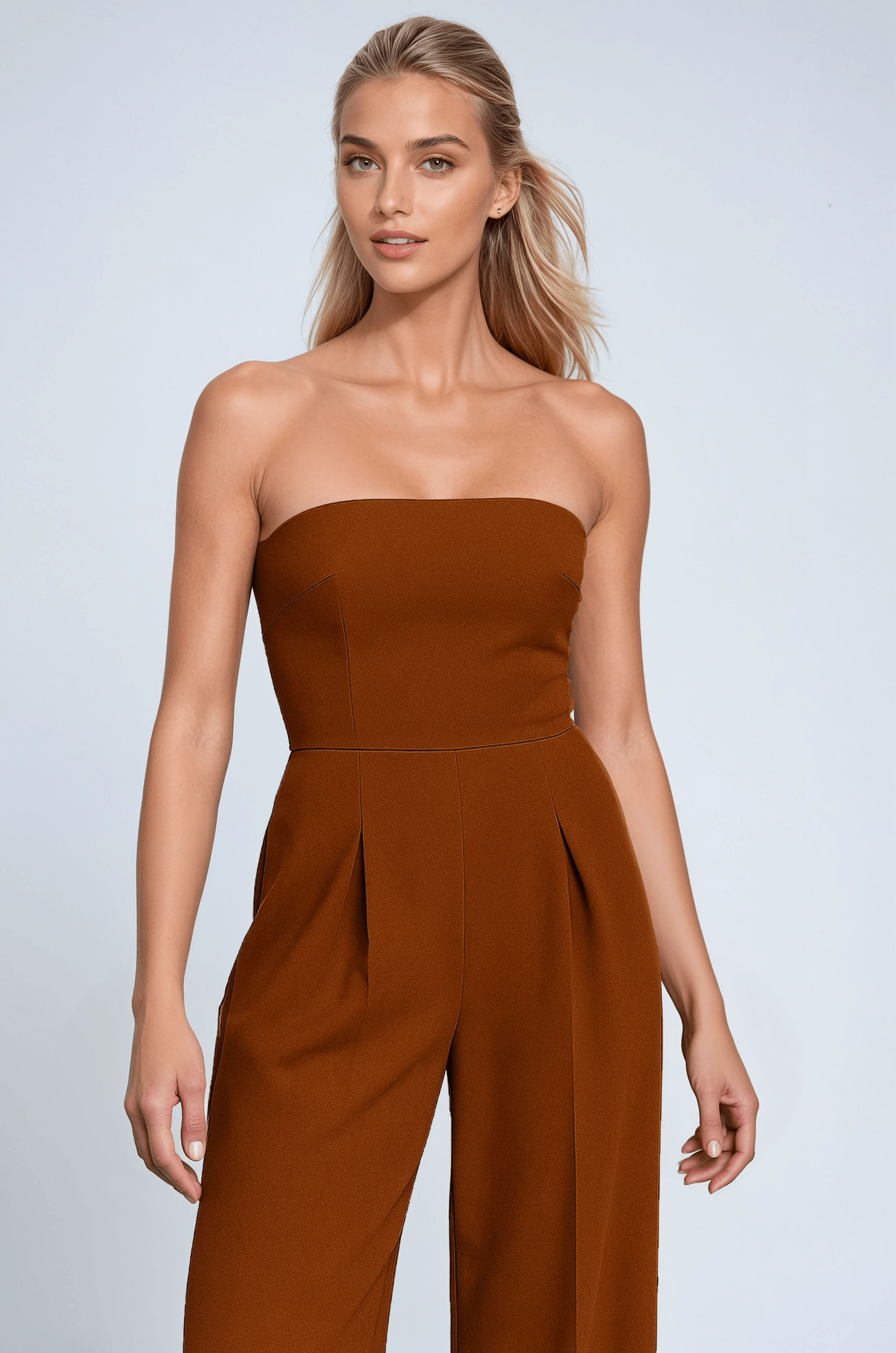Strapless Jumpsuit with Wide Legs – Timeless Elegance in Rostbrown