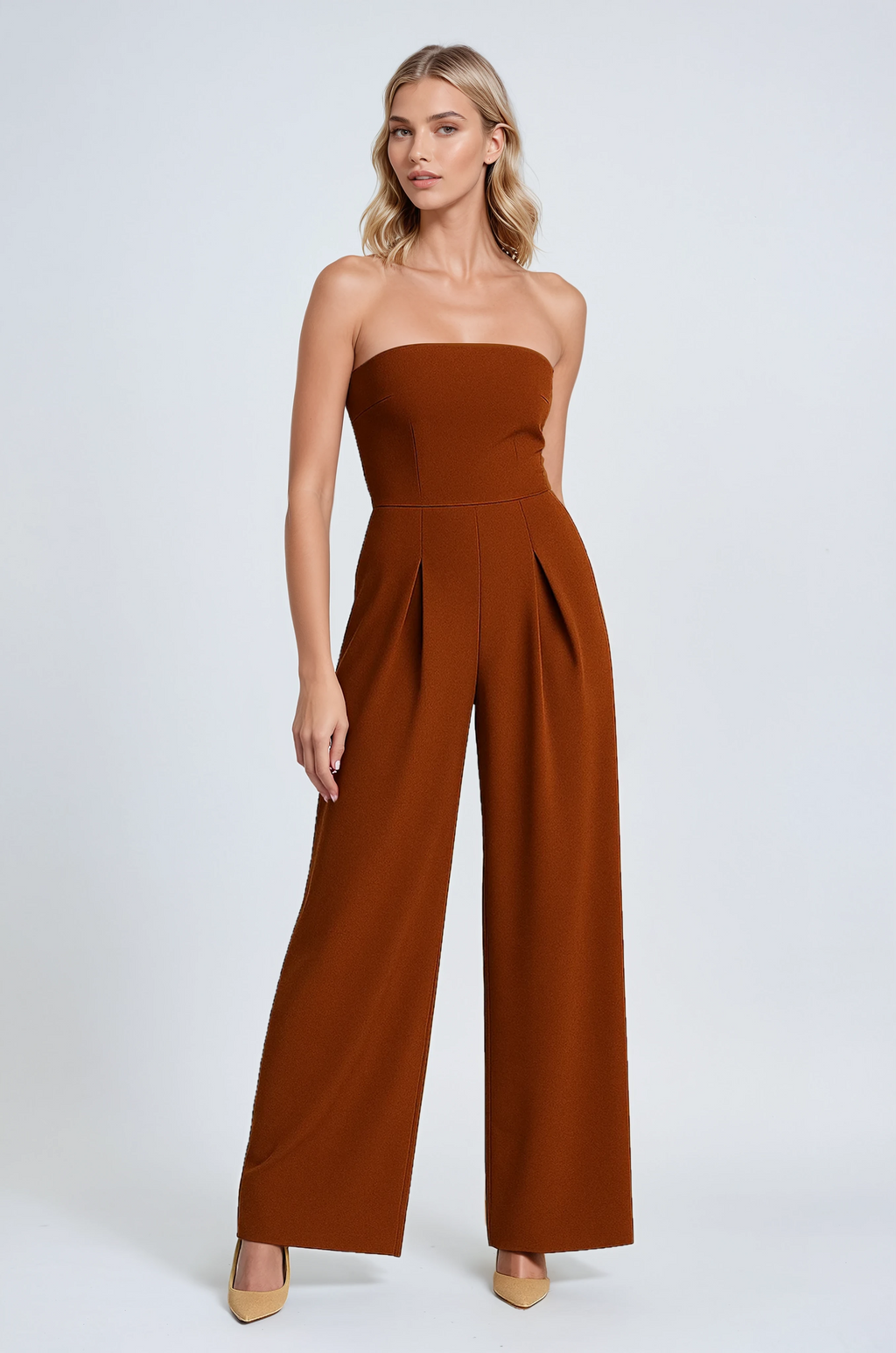 Strapless Jumpsuit with Wide Legs – Timeless Elegance in Rostbrown