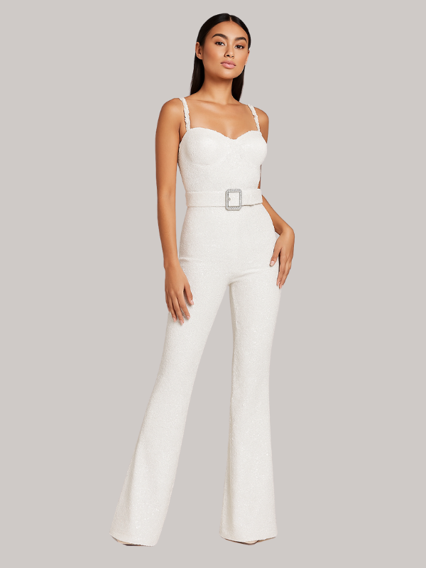 Maggie | Women’s Strapless Glitter Jumpsuit with Waist Belt
