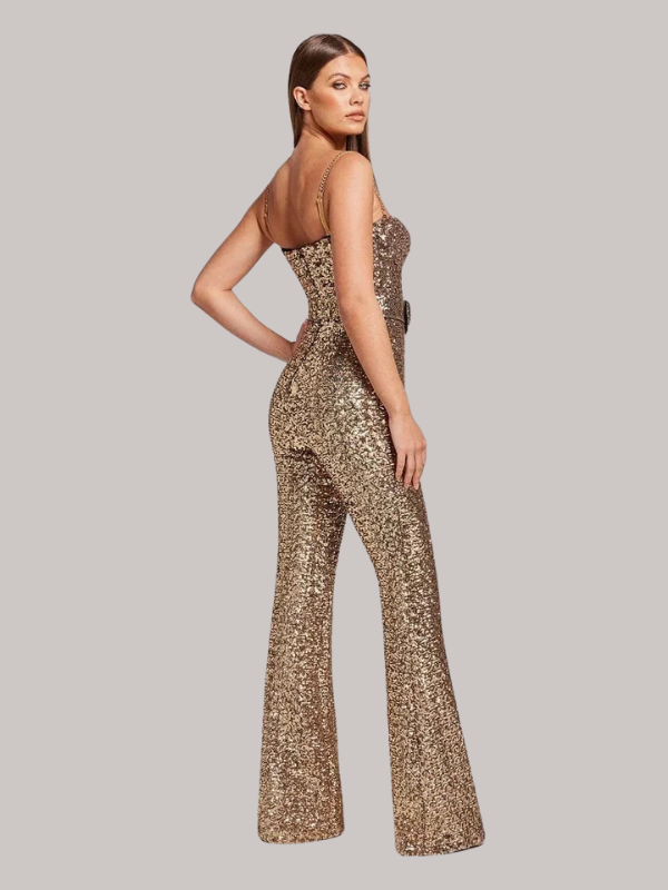 Maggie | Women’s Strapless Glitter Jumpsuit with Waist Belt