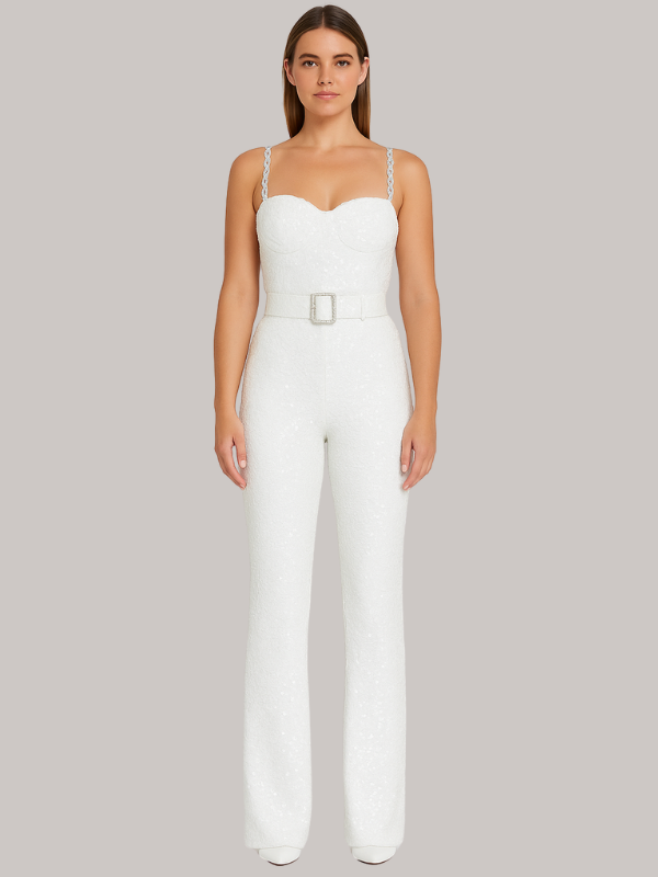 Maggie | Women’s Strapless Glitter Jumpsuit with Waist Belt