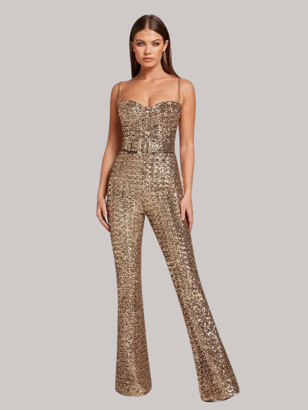 Maggie | Women’s Strapless Glitter Jumpsuit with Waist Belt