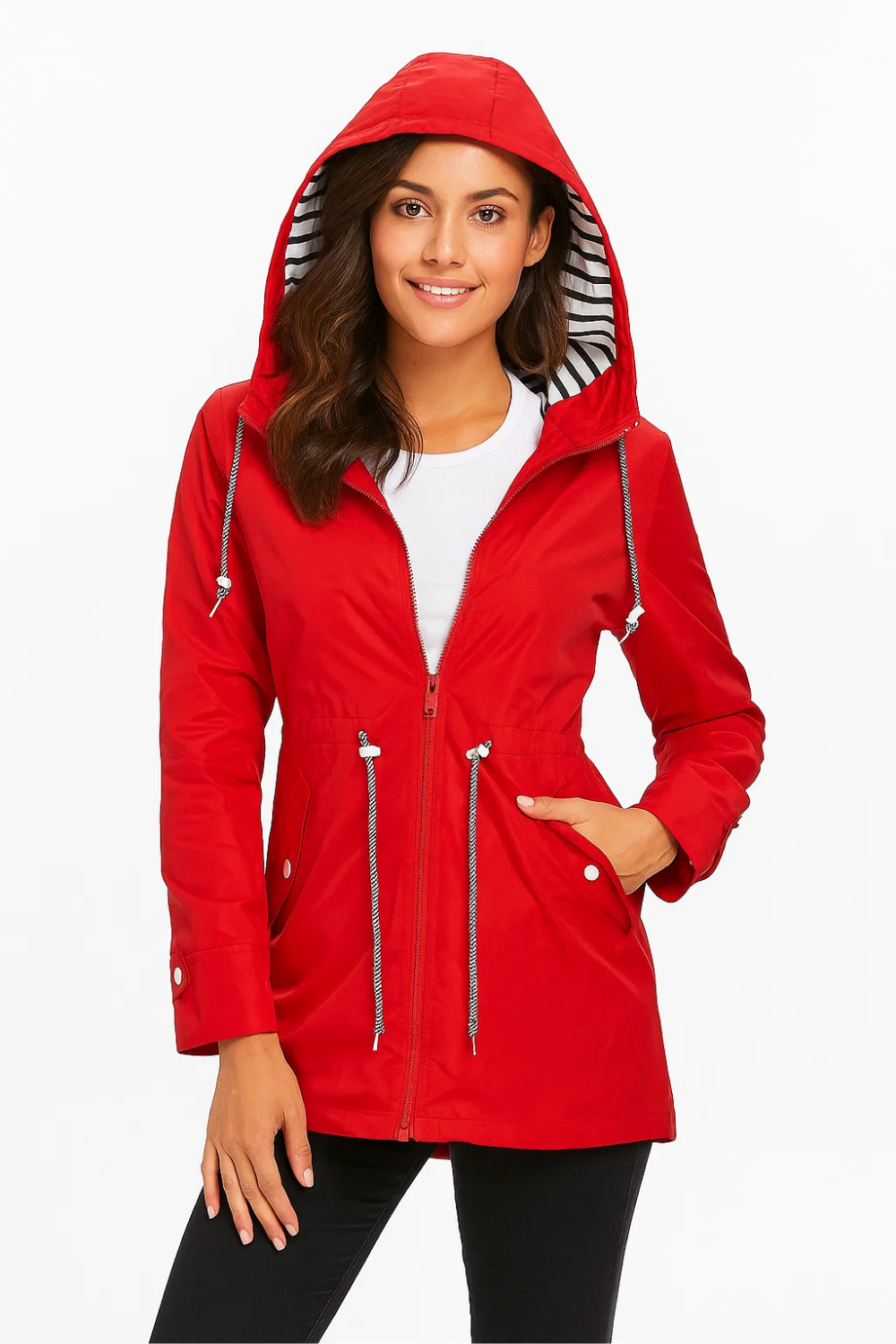 Long Raincoat with Drawstring Waist for Women