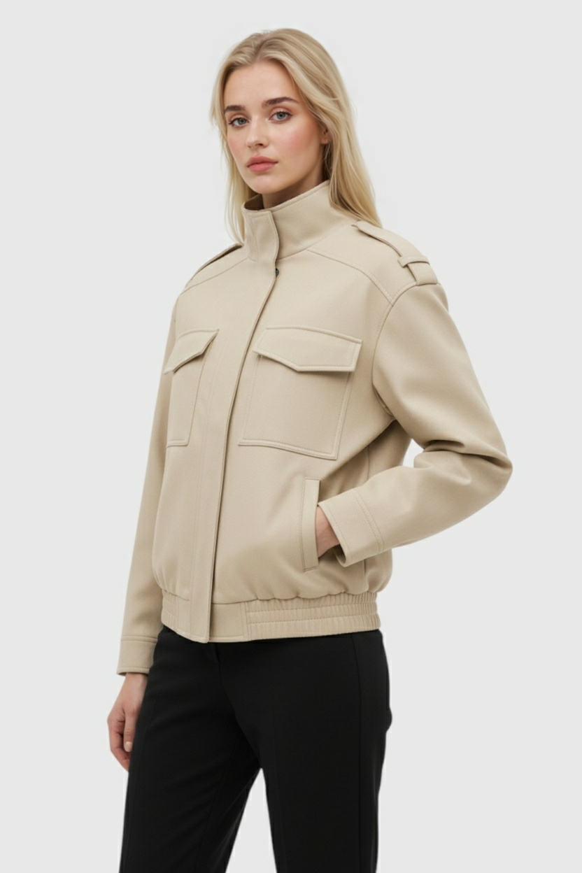 Beige Bomber Jacket with Stand-Up Collar
