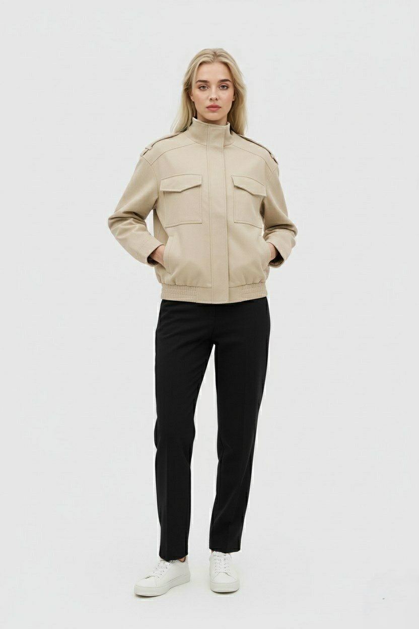 Beige Bomber Jacket with Stand-Up Collar