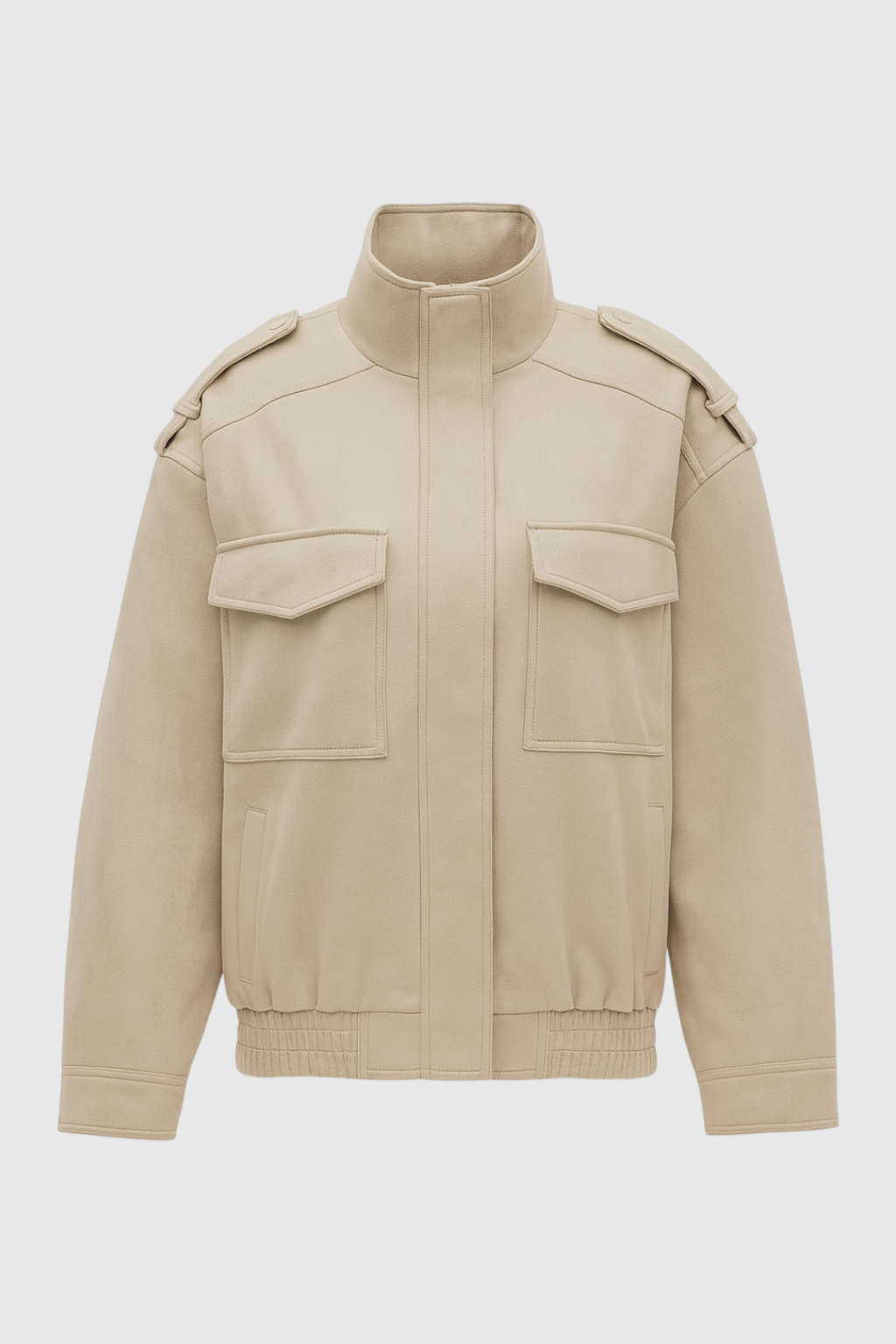 Beige Bomber Jacket with Stand-Up Collar