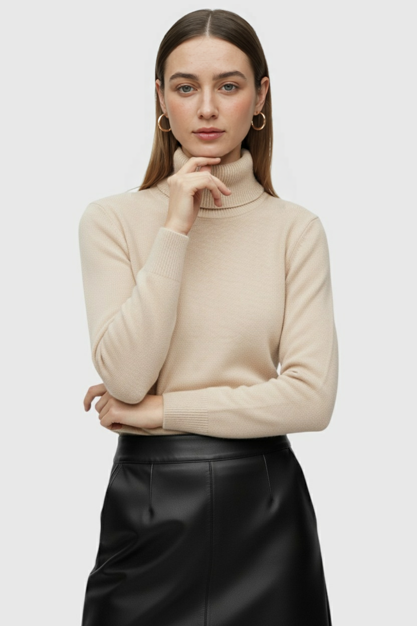 Beige Fleece Lined Thermal Turtleneck