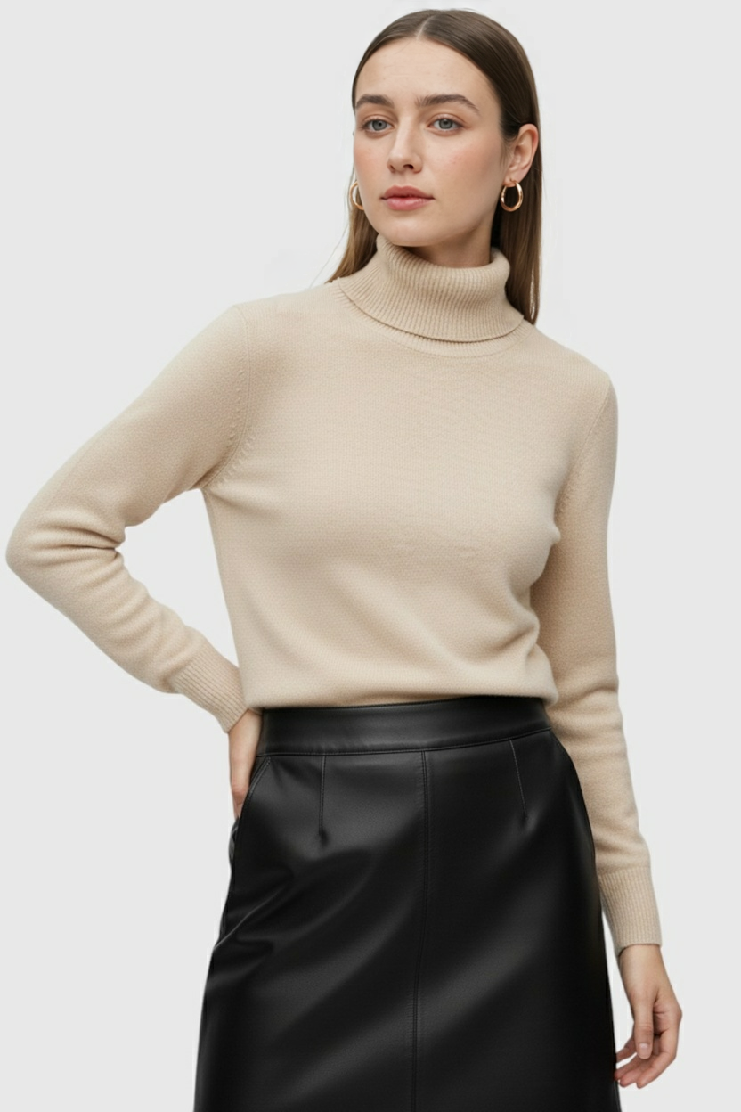 Beige Fleece Lined Thermal Turtleneck