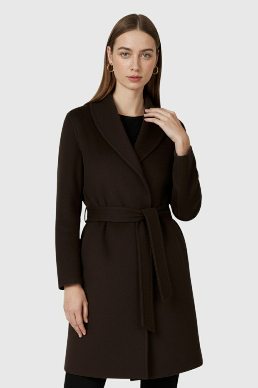 Women's Dark Brown Wool Coat with Waist Belt