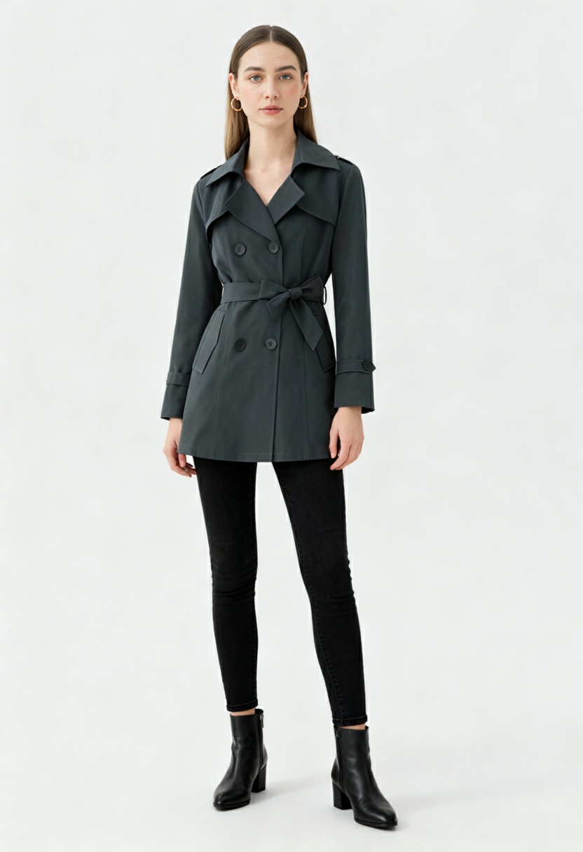 Women's Gray Half-Length Trench Coat