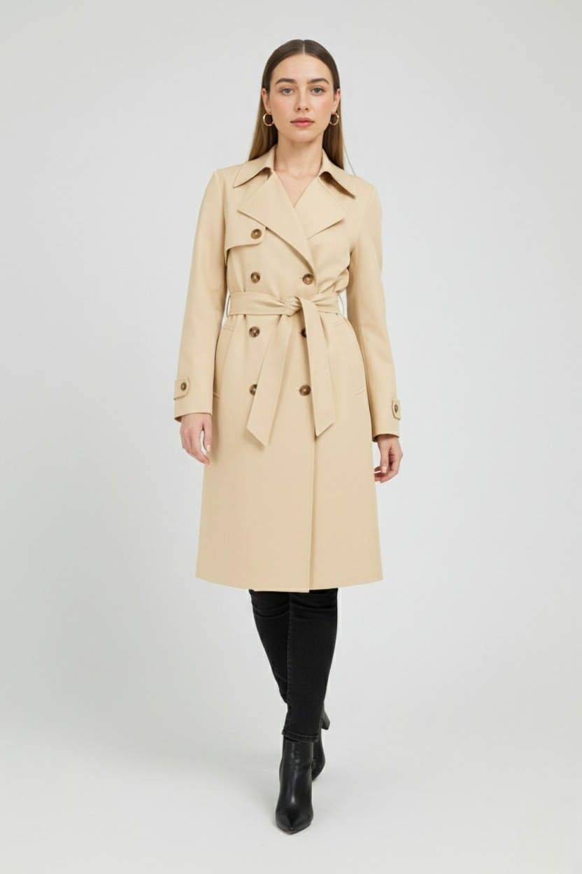 Women's Long Beige Trench Coat with Belt