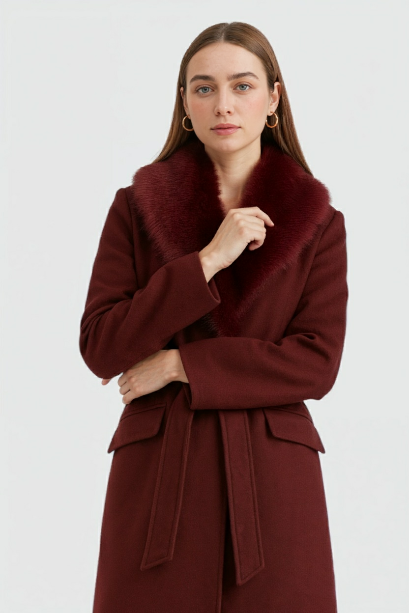 Women's Long Burgundy Wool Coat with Fur Collar