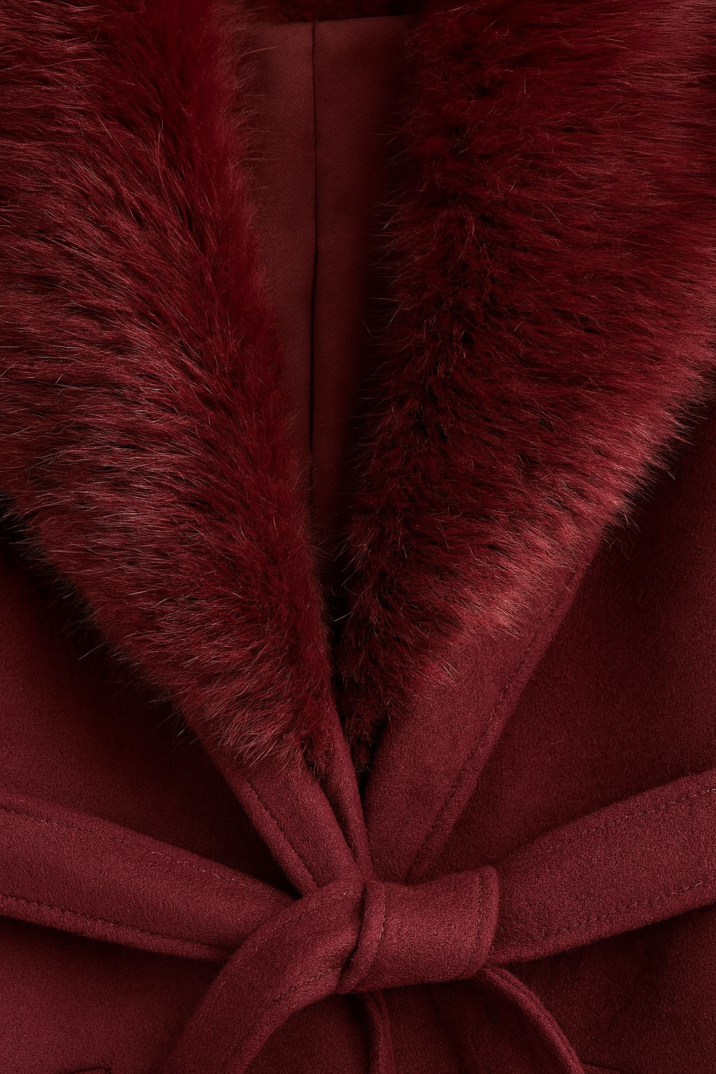 Women's Long Burgundy Wool Coat with Fur Collar