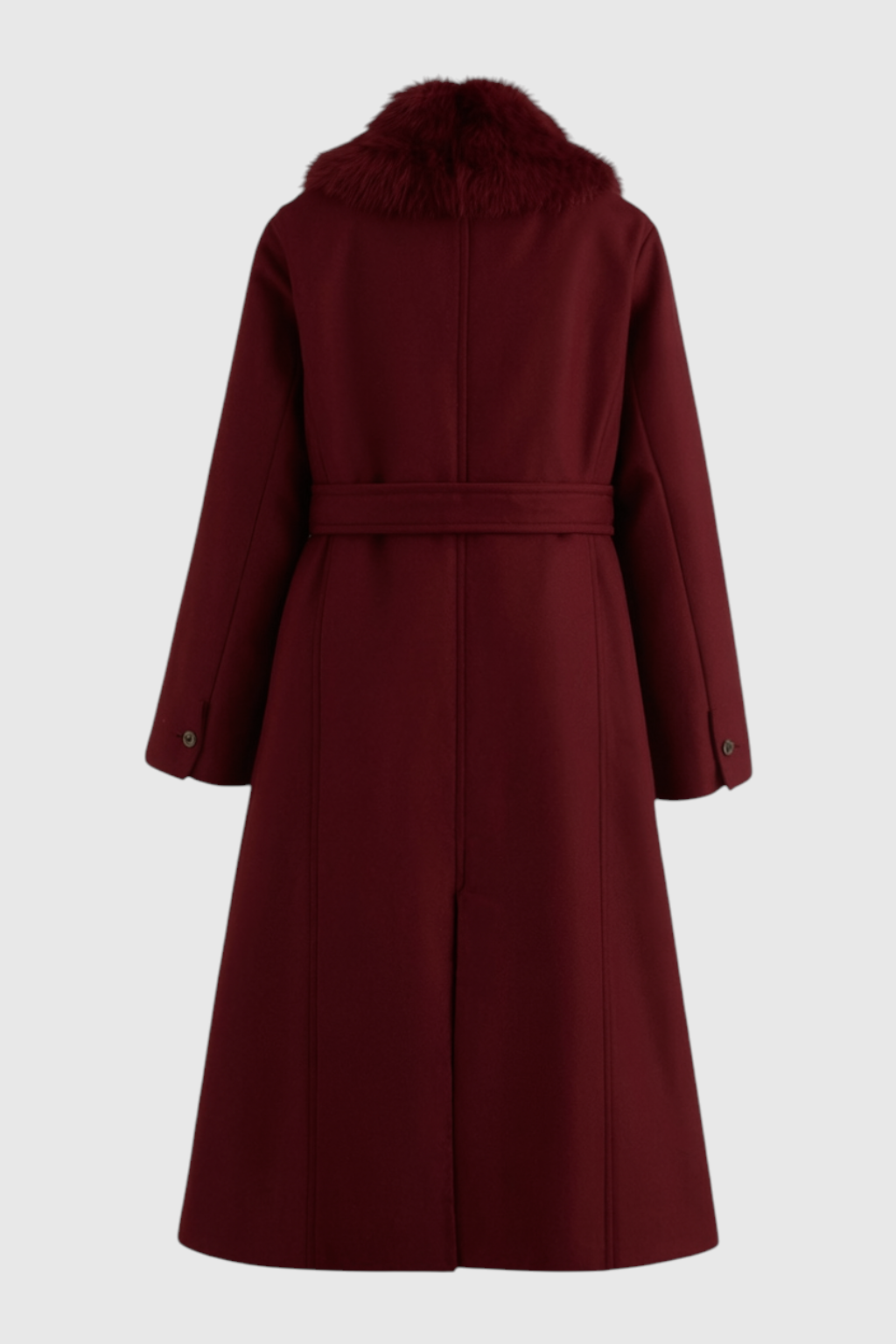 Women's Long Burgundy Wool Coat with Fur Collar
