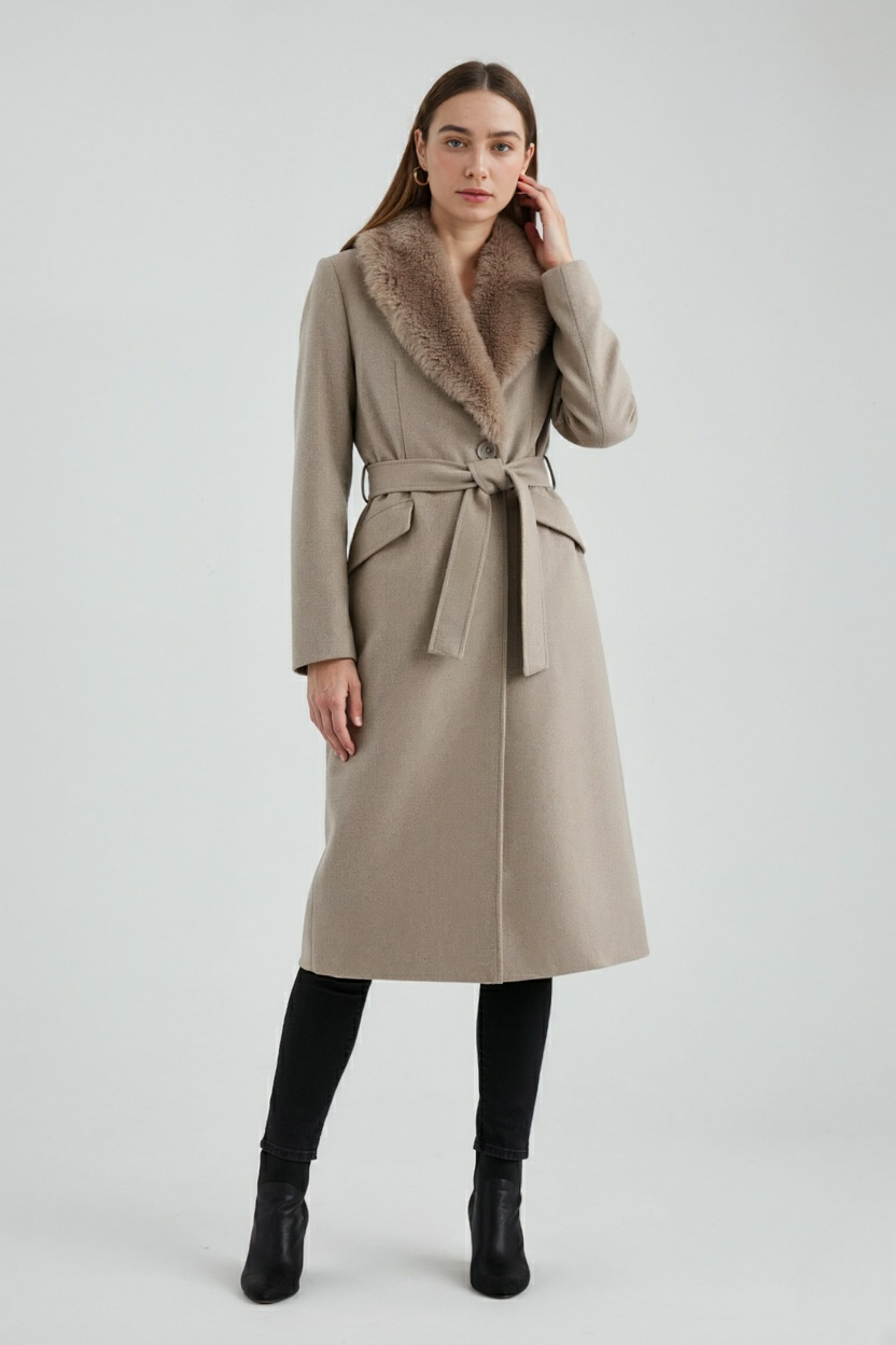 Women's Long Khaki Wool Coat with Fur Collar
