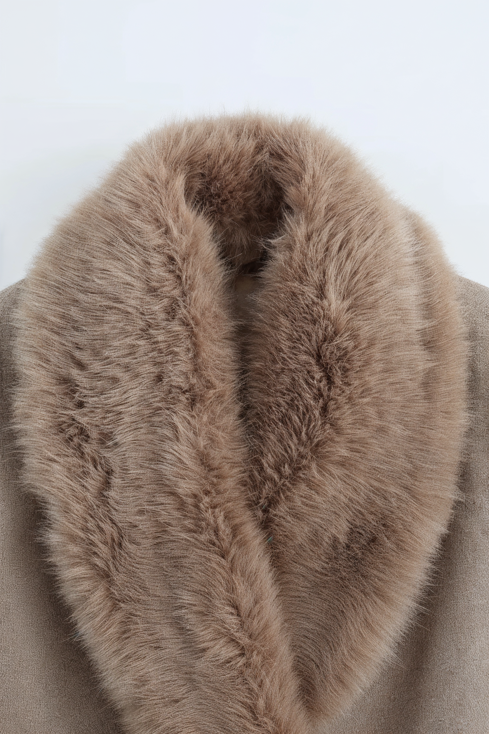 Women's Long Khaki Wool Coat with Fur Collar