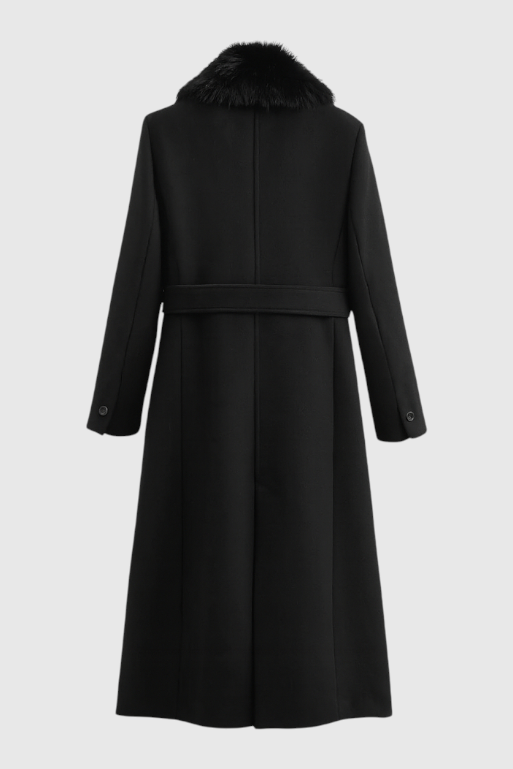 Women's Long Black Wool Coat with Fur Collar