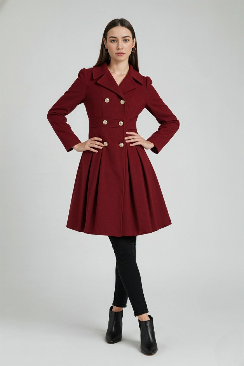 Women's Warm Long Burgundy Trench Coat