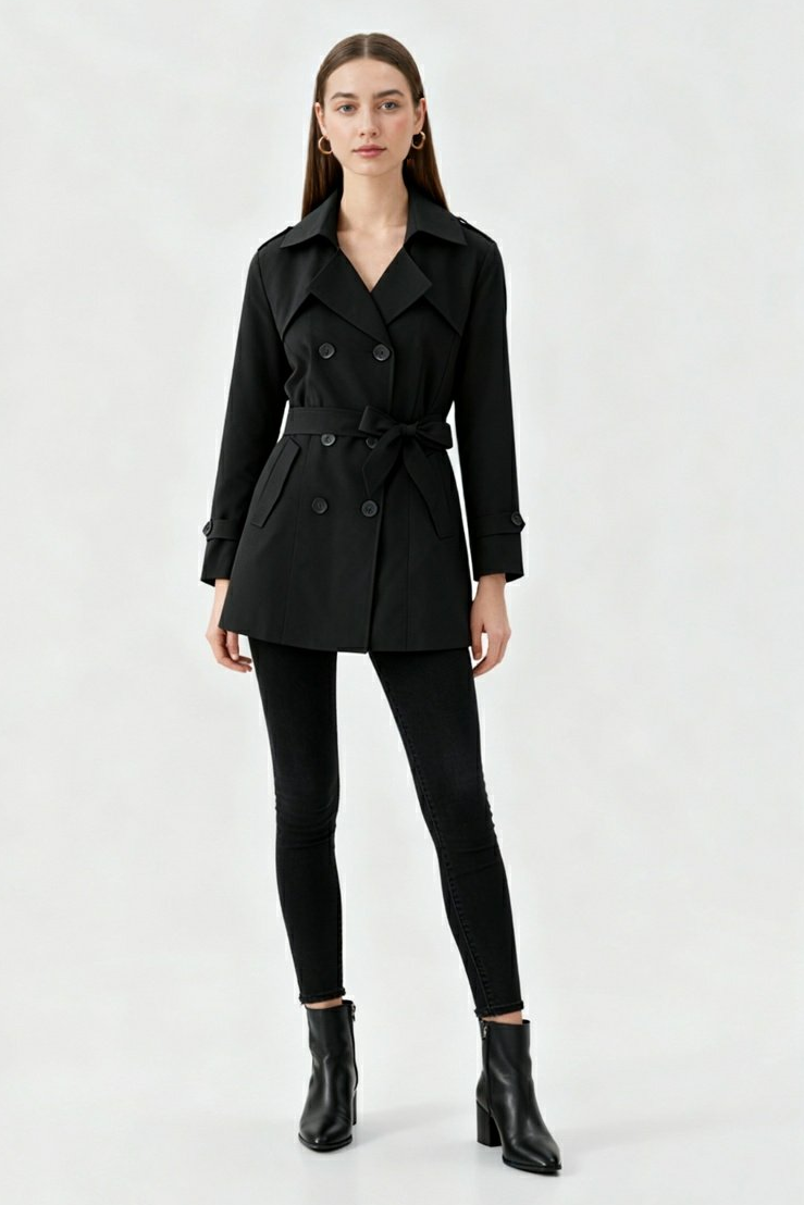 Women's Black Half-Length Trench Coat