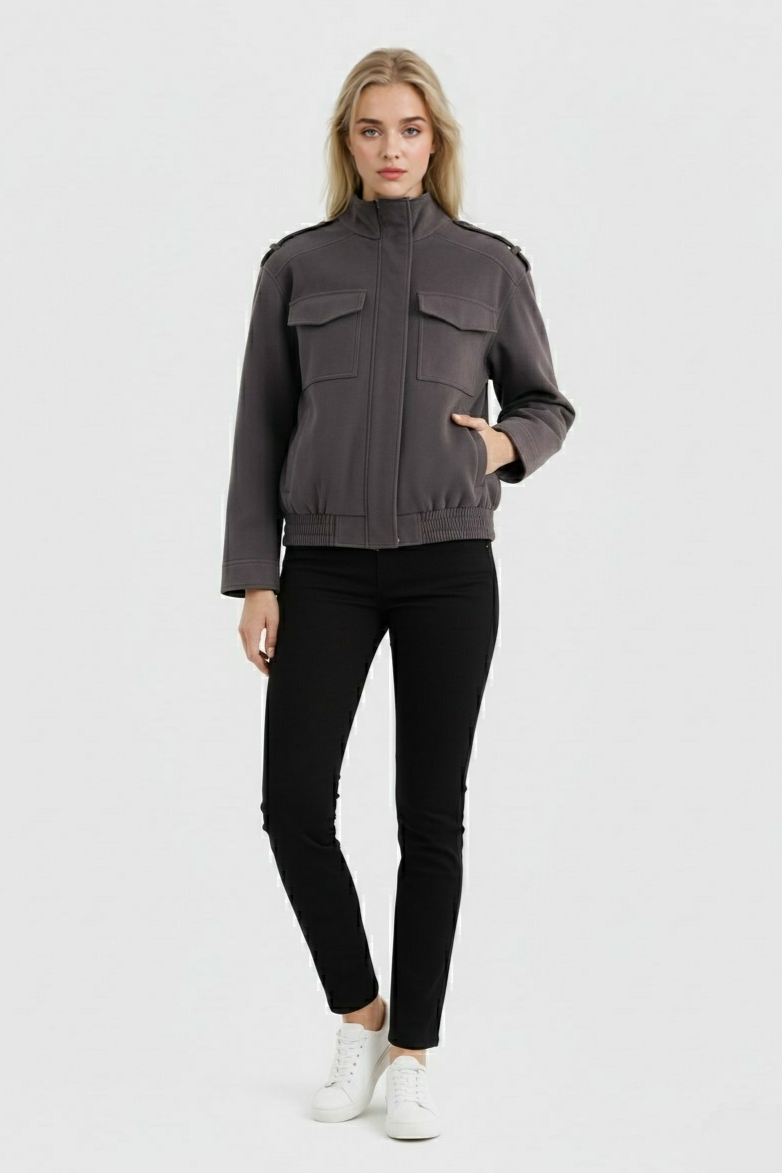 Dark Gray Bomber Jacket with Stand-Up Collar