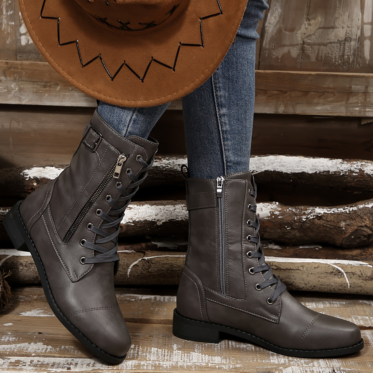Ankle Boots - Faux Leather Upper & Double Zip Convenience