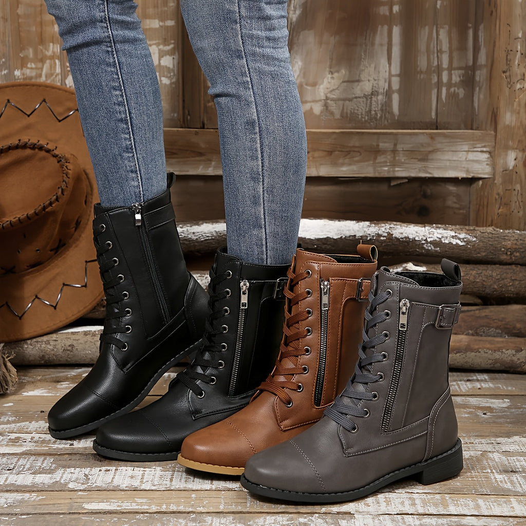 Ankle Boots - Faux Leather Upper & Double Zip Convenience