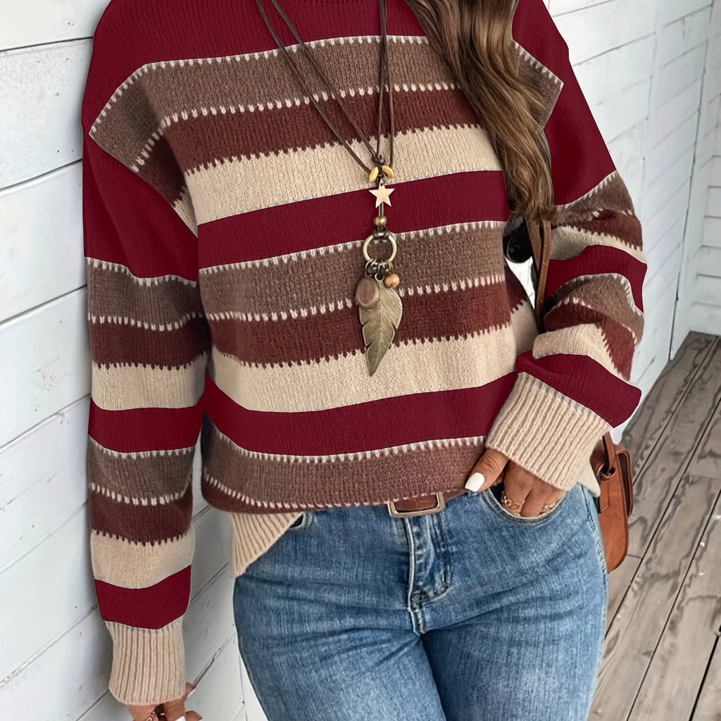 Knitted Sweater - Round Neck and Long Sleeves & Loose Fit