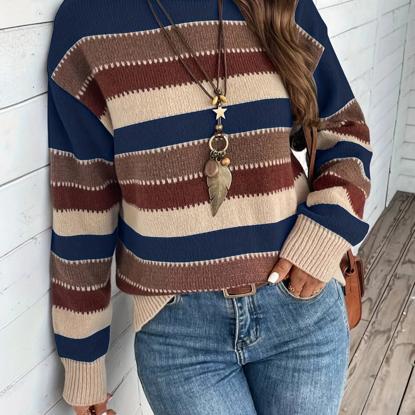 Knitted Sweater - Round Neck and Long Sleeves & Loose Fit