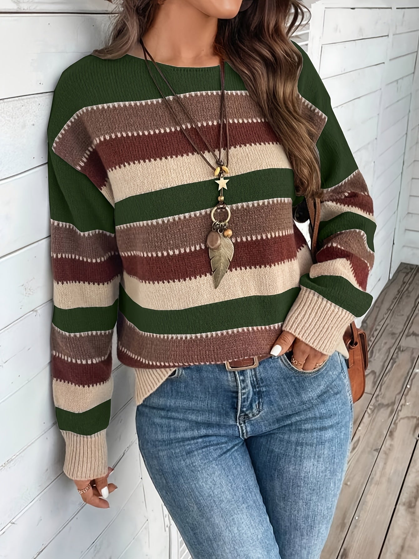 Knitted Sweater - Round Neck and Long Sleeves & Loose Fit