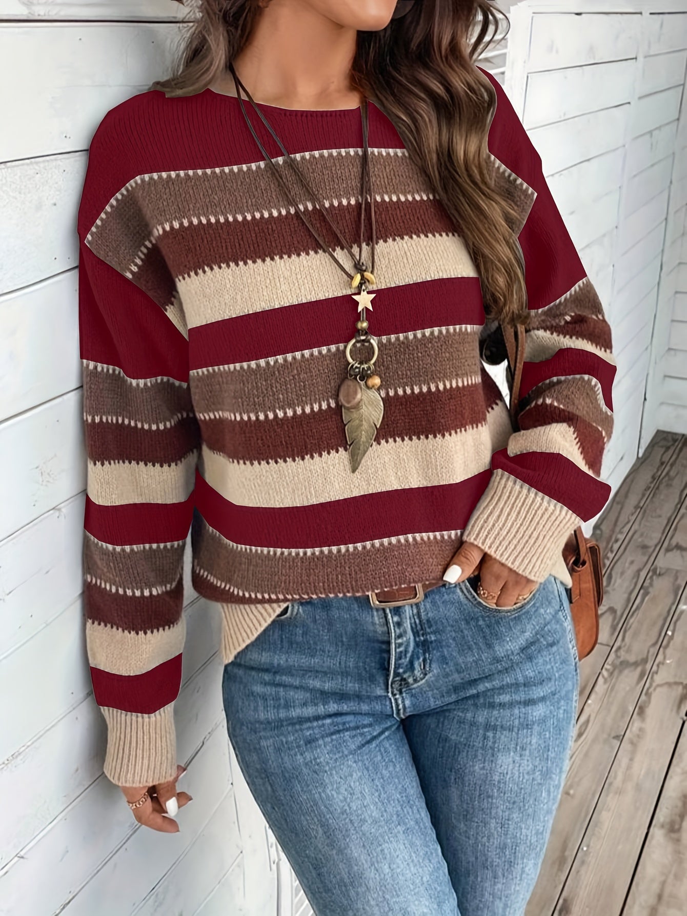 Knitted Sweater - Round Neck and Long Sleeves & Loose Fit