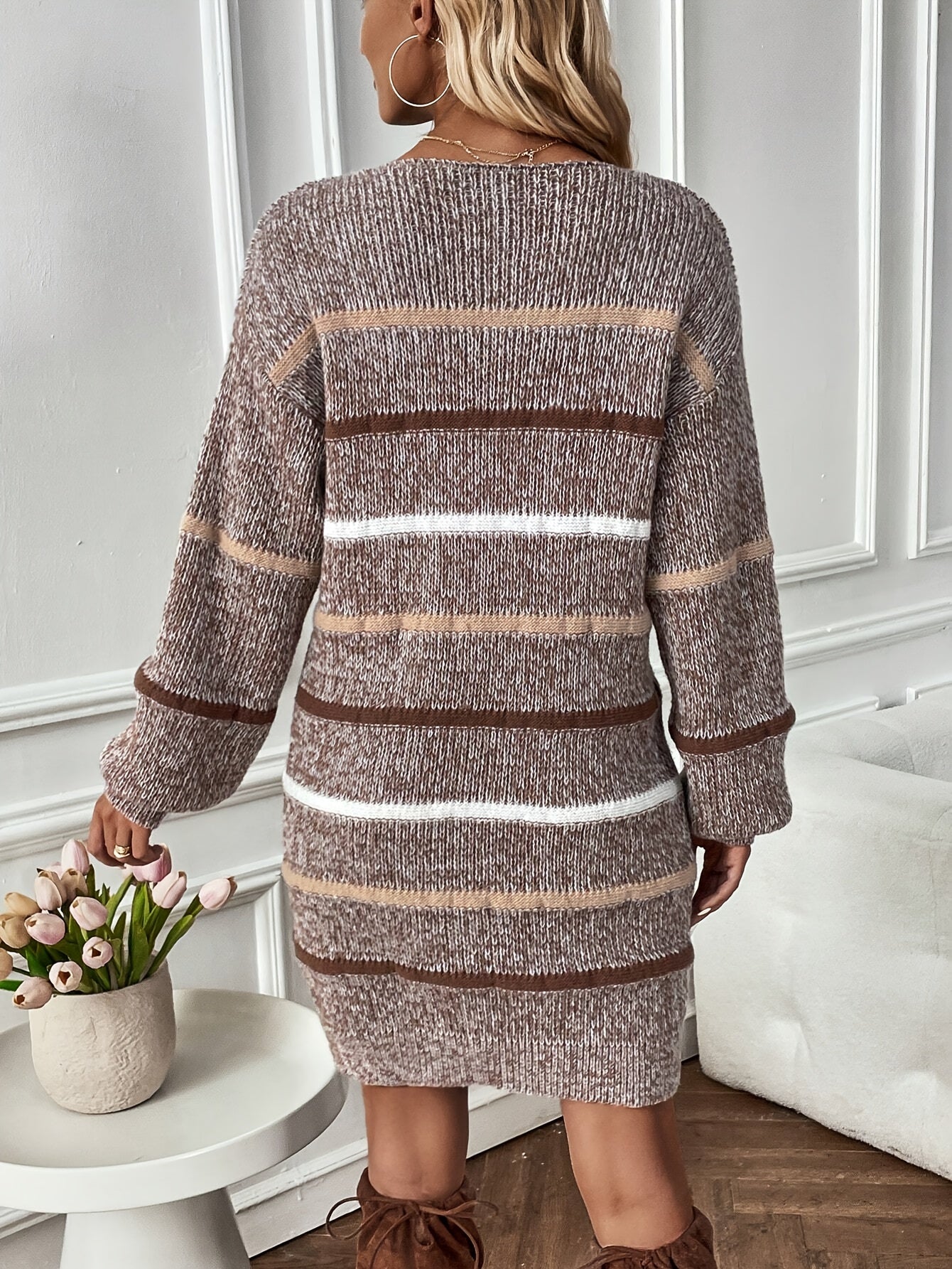 Knitted Sweater Dress - Striped Shape and Drop Shoulder