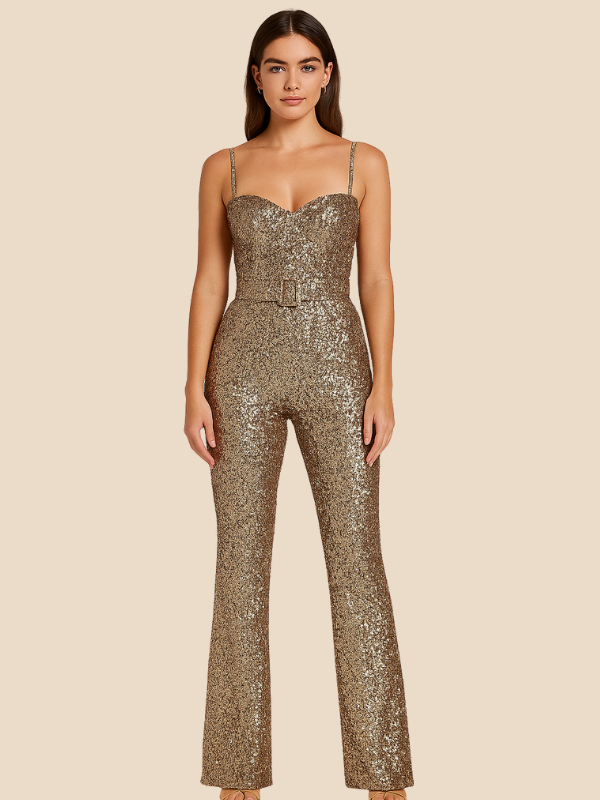 Maggie | Women’s Strapless Glitter Jumpsuit with Waist Belt