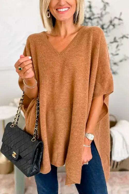 Ruby - Plain V-neck poncho sweater