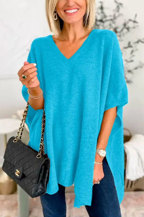 Ruby - Plain V-neck poncho sweater