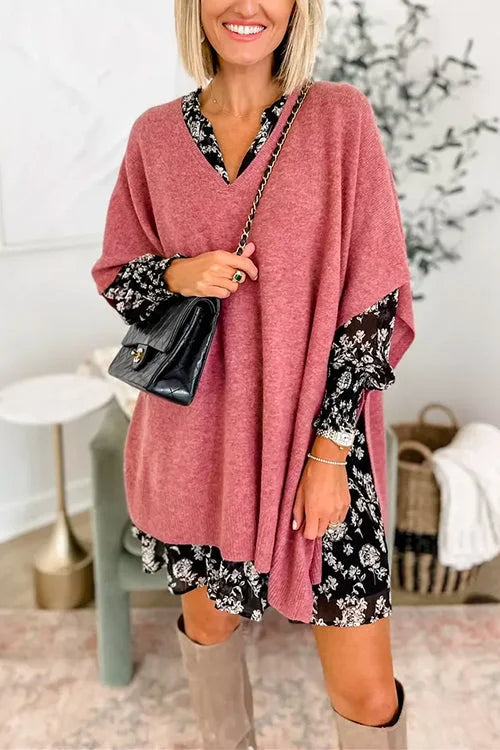 Ruby - Plain V-neck poncho sweater