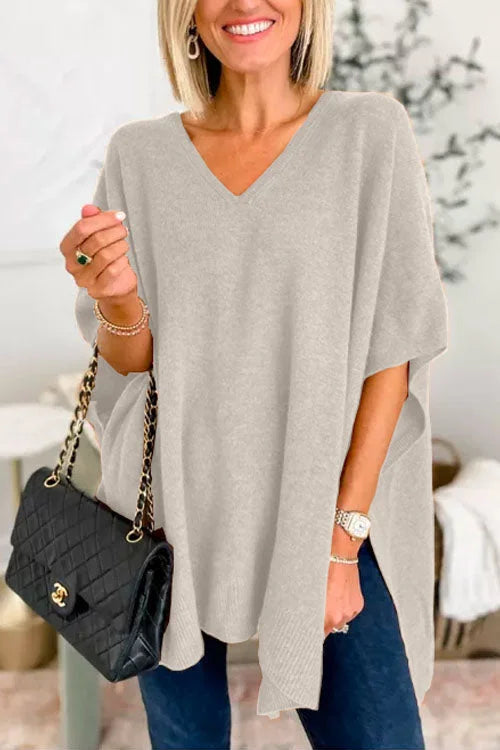 Ruby - Plain V-neck poncho sweater