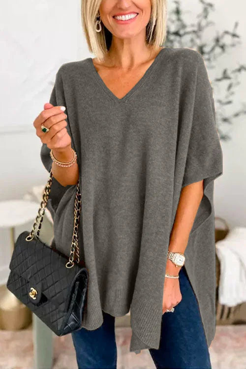 Ruby - Plain V-neck poncho sweater