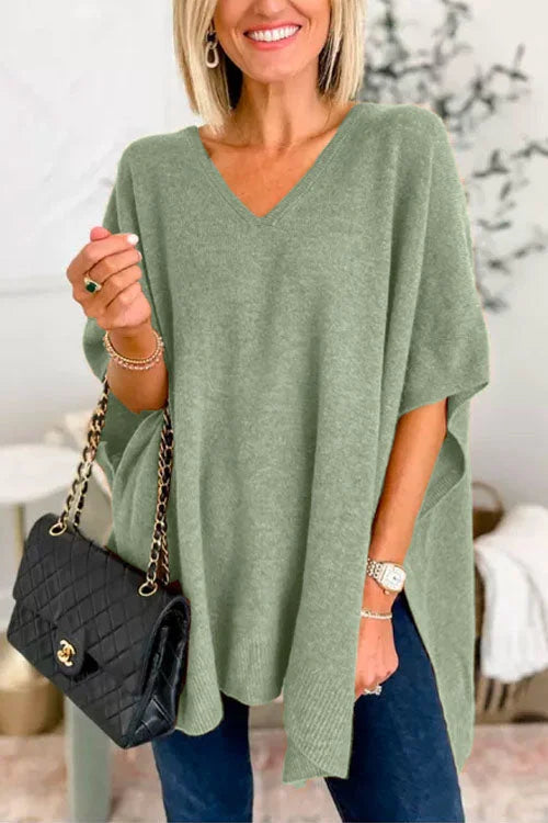 Ruby - Plain V-neck poncho sweater