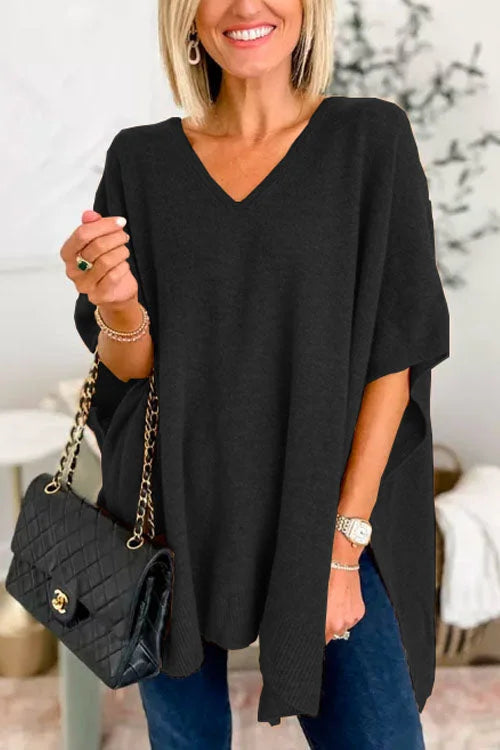Ruby - Plain V-neck poncho sweater