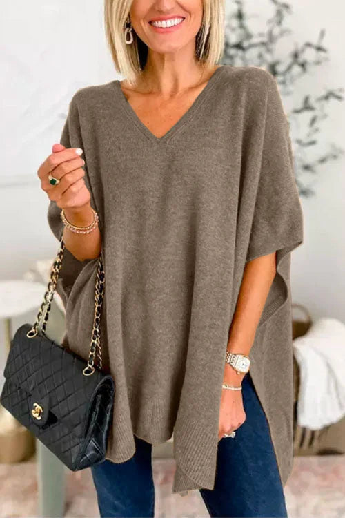 Ruby - Plain V-neck poncho sweater
