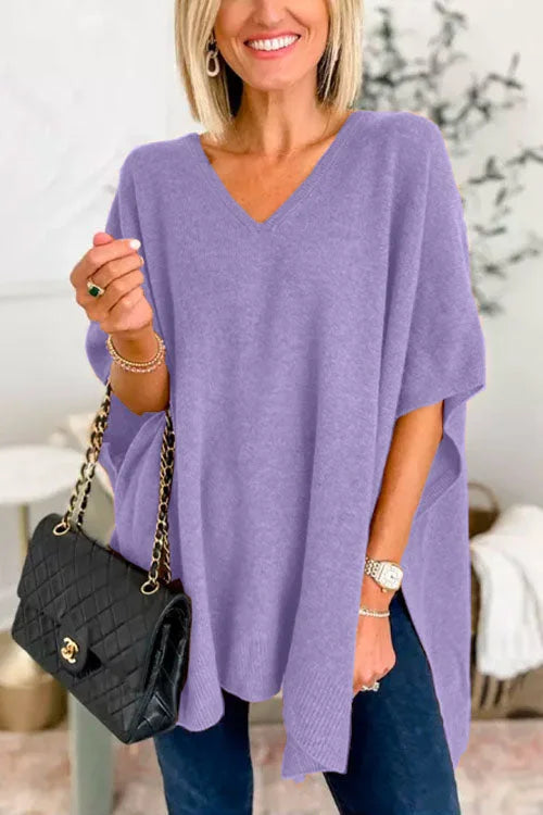 Ruby - Plain V-neck poncho sweater