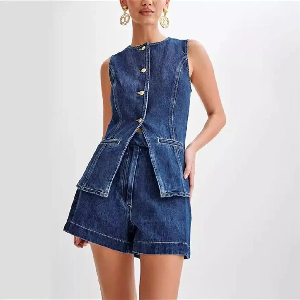 Ellie | Women's Casual Summer Blue Denim Shorts Set
