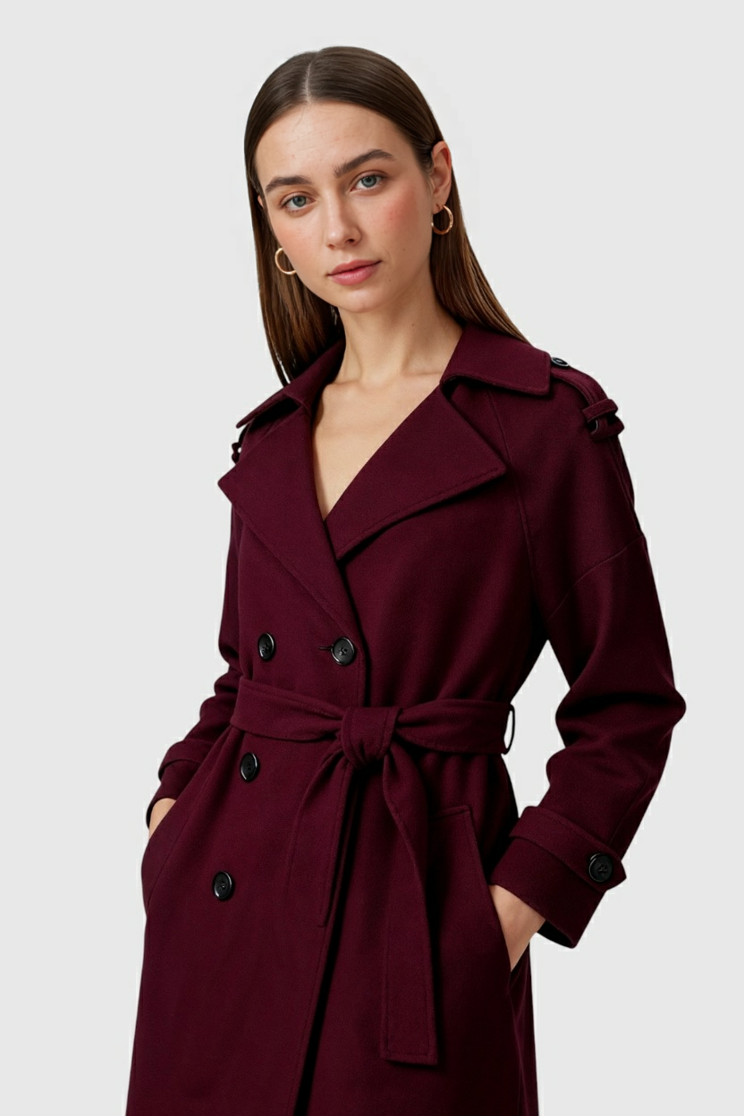 Women's Long Burgundy Coat with Belt