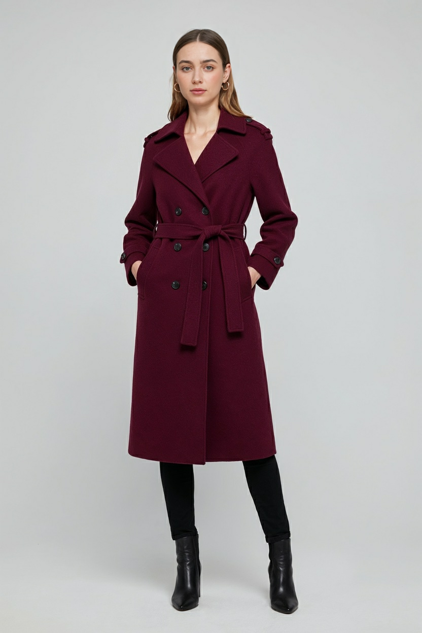 Women's Long Burgundy Coat with Belt