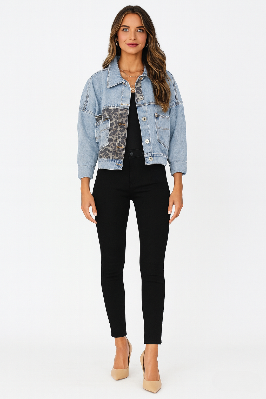 Women’s Denim Jacket with Animal Print Accent