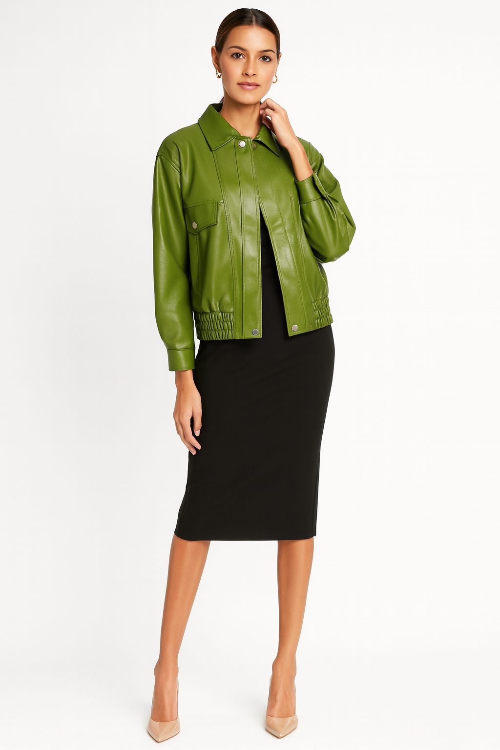 Women’s Leather Jacket with Zip Front and Flap Pockets