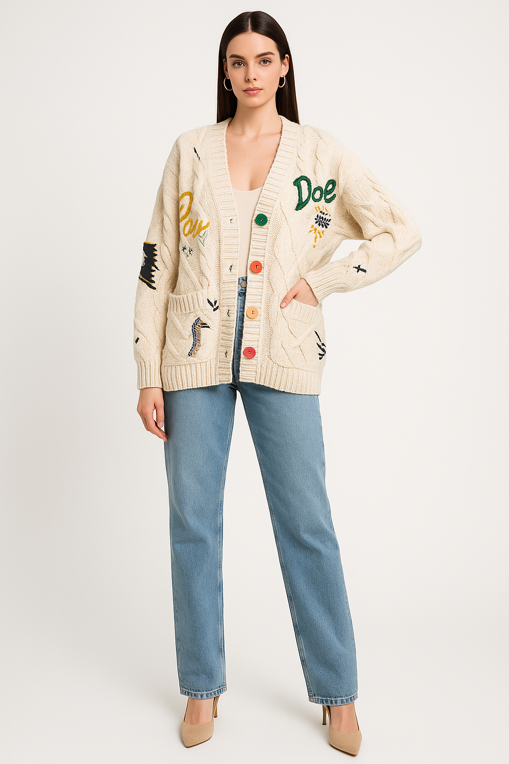 Women's Patchwork V-Neck Knit Cardigan