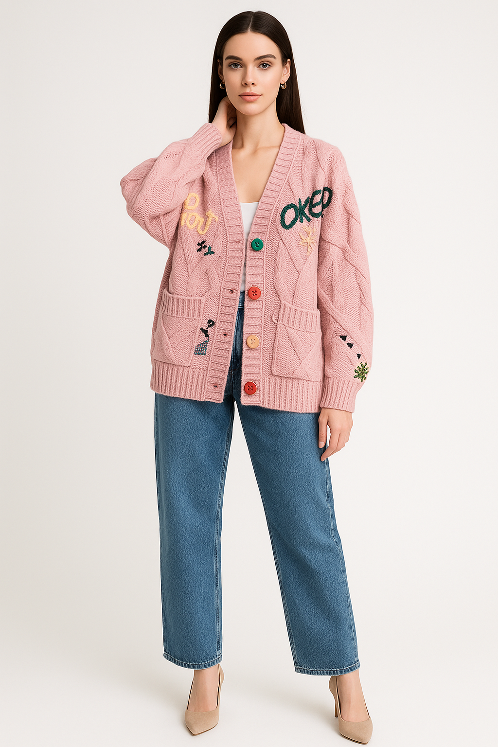 Women's Patchwork V-Neck Knit Cardigan